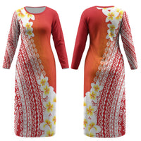 Tahiti Plumeria Tribal Pattern Couples Matching Long Sleeve Bodycon Dress and Long Sleeve Button Shirt Wave Style Red LT05 - Polynesian Pride