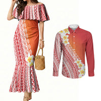 Tahiti Plumeria Tribal Pattern Couples Matching Mermaid Dress and Long Sleeve Button Shirt Wave Style Red LT05 Red - Polynesian Pride