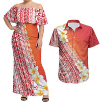 Tahiti Plumeria Tribal Pattern Couples Matching Off Shoulder Maxi Dress and Hawaiian Shirt Wave Style Red LT05 Red - Polynesian Pride