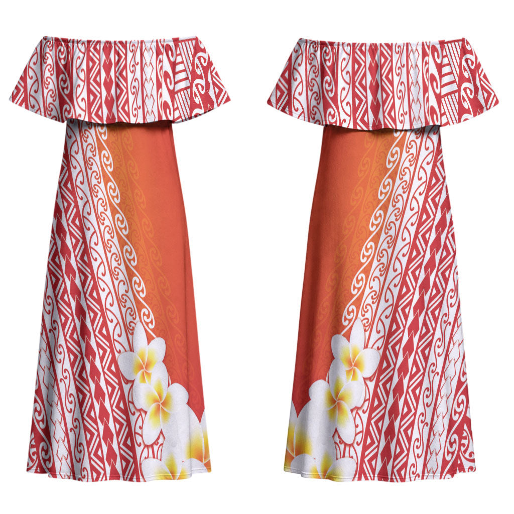 Tahiti Plumeria Tribal Pattern Couples Matching Off Shoulder Maxi Dress and Hawaiian Shirt Wave Style Red LT05 - Polynesian Pride