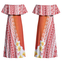 Tahiti Plumeria Tribal Pattern Couples Matching Off Shoulder Maxi Dress and Hawaiian Shirt Wave Style Red LT05 - Polynesian Pride