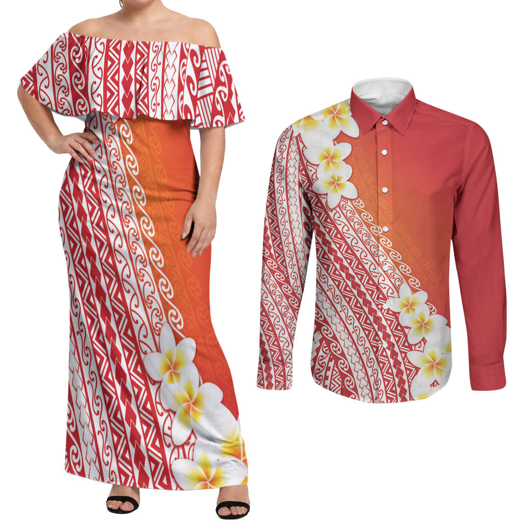 Tahiti Plumeria Tribal Pattern Couples Matching Off Shoulder Maxi Dress and Long Sleeve Button Shirt Wave Style Red LT05 Red - Polynesian Pride
