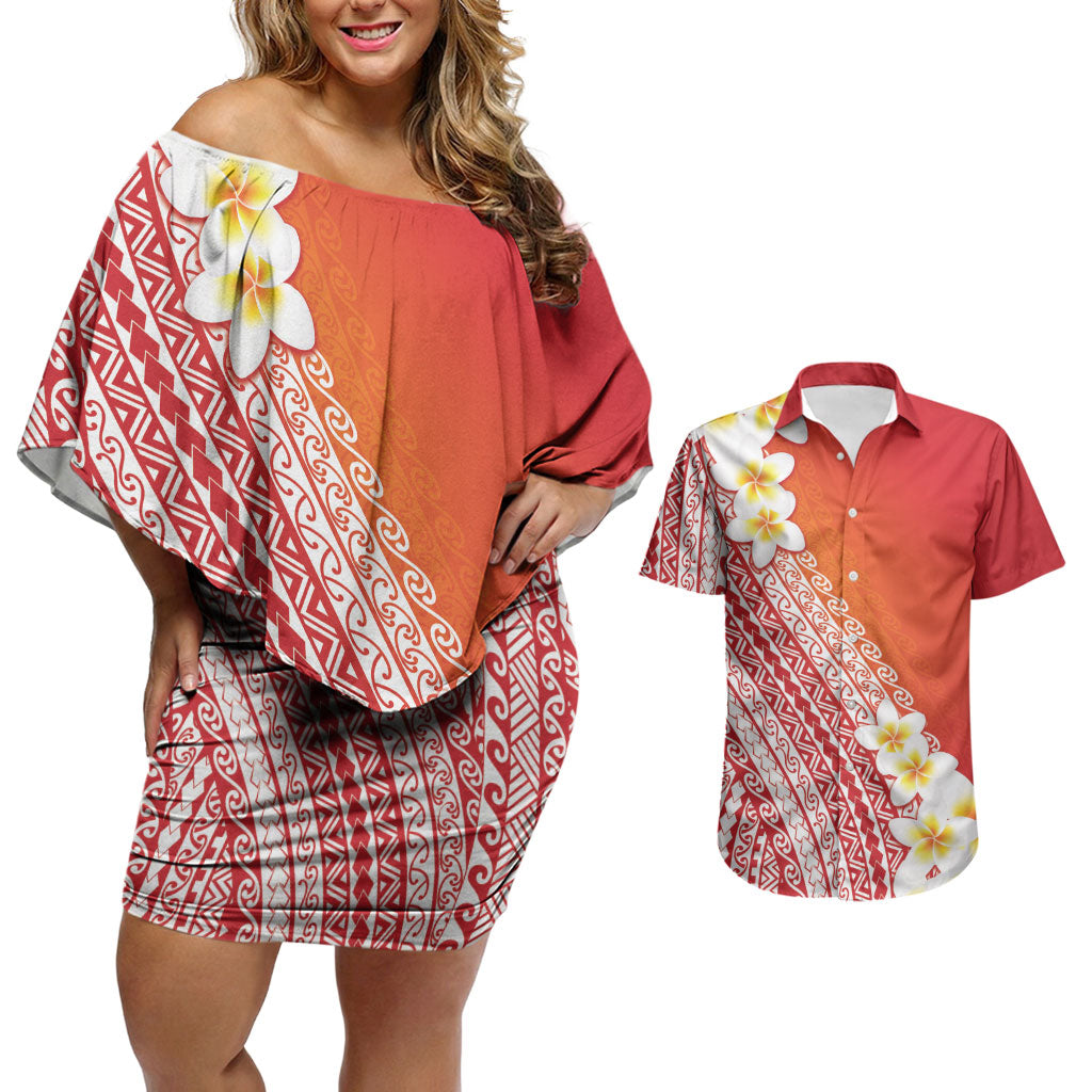 Tahiti Plumeria Tribal Pattern Couples Matching Off Shoulder Short Dress and Hawaiian Shirt Wave Style Red LT05 Red - Polynesian Pride