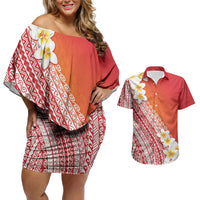 Tahiti Plumeria Tribal Pattern Couples Matching Off Shoulder Short Dress and Hawaiian Shirt Wave Style Red LT05 Red - Polynesian Pride