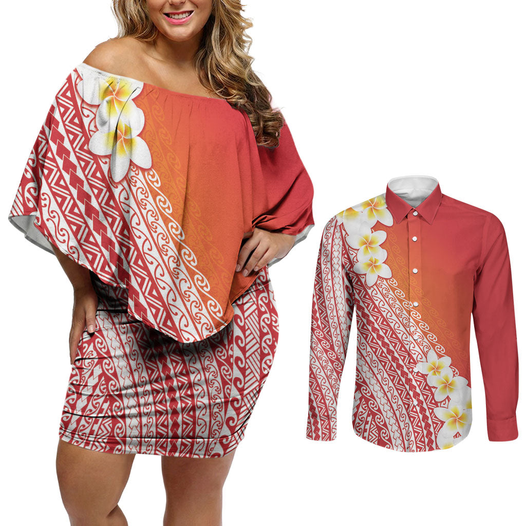 Tahiti Plumeria Tribal Pattern Couples Matching Off Shoulder Short Dress and Long Sleeve Button Shirt Wave Style Red LT05 Red - Polynesian Pride