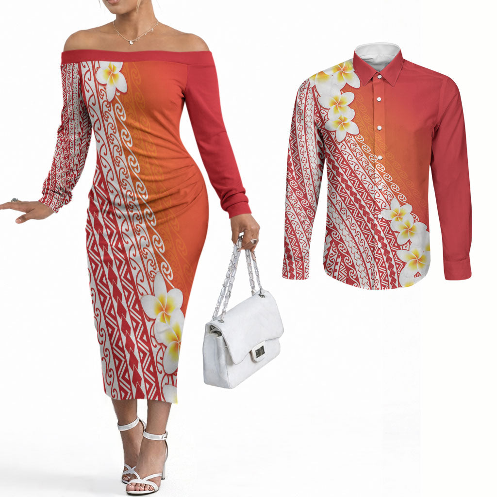 Tahiti Plumeria Tribal Pattern Couples Matching Off The Shoulder Long Sleeve Dress and Long Sleeve Button Shirt Wave Style Red LT05 Red - Polynesian Pride