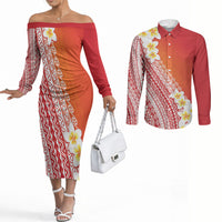 Tahiti Plumeria Tribal Pattern Couples Matching Off The Shoulder Long Sleeve Dress and Long Sleeve Button Shirt Wave Style Red LT05 Red - Polynesian Pride