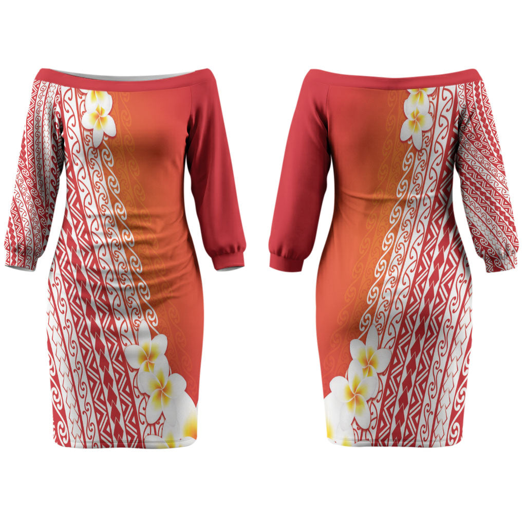 Tahiti Plumeria Tribal Pattern Couples Matching Off The Shoulder Long Sleeve Dress and Long Sleeve Button Shirt Wave Style Red LT05 - Polynesian Pride