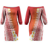 Tahiti Plumeria Tribal Pattern Couples Matching Off The Shoulder Long Sleeve Dress and Long Sleeve Button Shirt Wave Style Red LT05 - Polynesian Pride