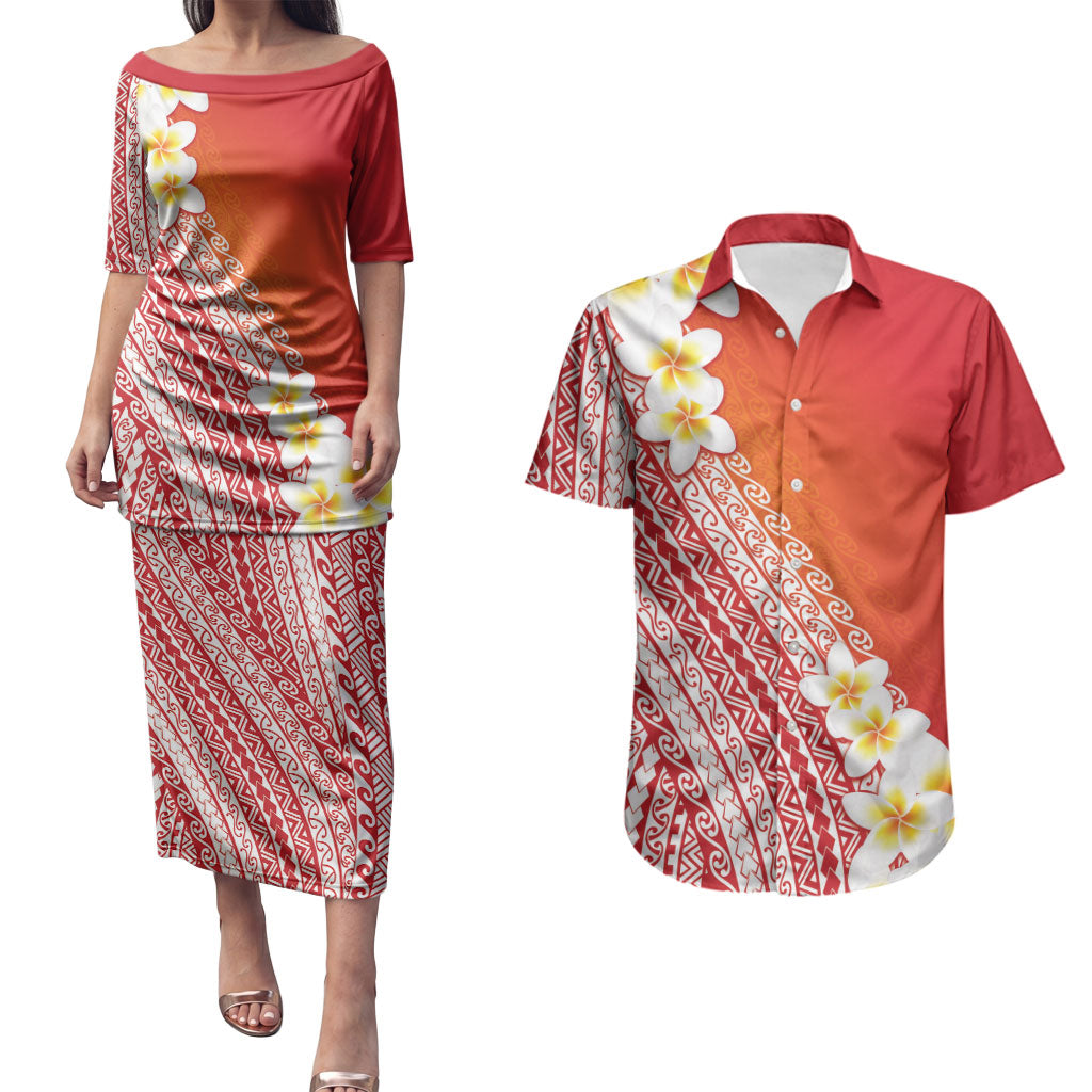Tahiti Plumeria Tribal Pattern Couples Matching Puletasi and Hawaiian Shirt Wave Style Red LT05 Red - Polynesian Pride