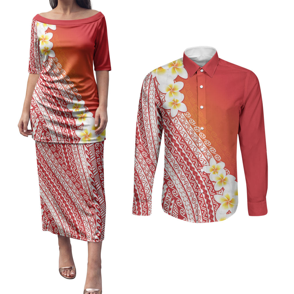 Tahiti Plumeria Tribal Pattern Couples Matching Puletasi and Long Sleeve Button Shirt Wave Style Red LT05 Red - Polynesian Pride