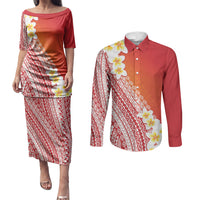 Tahiti Plumeria Tribal Pattern Couples Matching Puletasi and Long Sleeve Button Shirt Wave Style Red LT05 Red - Polynesian Pride