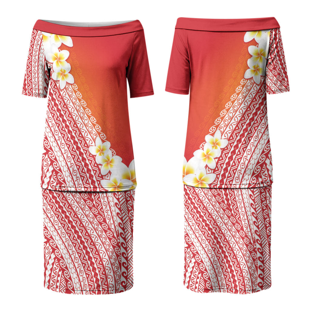 Tahiti Plumeria Tribal Pattern Couples Matching Puletasi and Long Sleeve Button Shirt Wave Style Red LT05 - Polynesian Pride