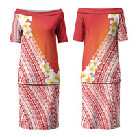 Tahiti Plumeria Tribal Pattern Couples Matching Puletasi and Long Sleeve Button Shirt Wave Style Red LT05 - Polynesian Pride