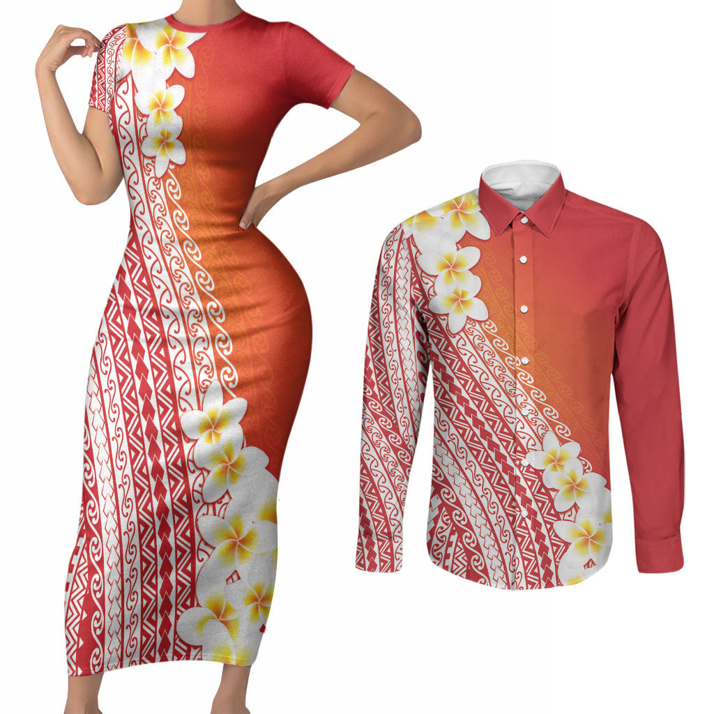 Tahiti Plumeria Tribal Pattern Couples Matching Short Sleeve Bodycon Dress and Long Sleeve Button Shirt Wave Style Red LT05 Red - Polynesian Pride