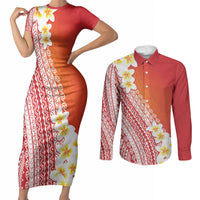 Tahiti Plumeria Tribal Pattern Couples Matching Short Sleeve Bodycon Dress and Long Sleeve Button Shirt Wave Style Red LT05 Red - Polynesian Pride