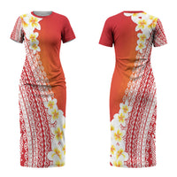 Tahiti Plumeria Tribal Pattern Couples Matching Short Sleeve Bodycon Dress and Long Sleeve Button Shirt Wave Style Red LT05 - Polynesian Pride