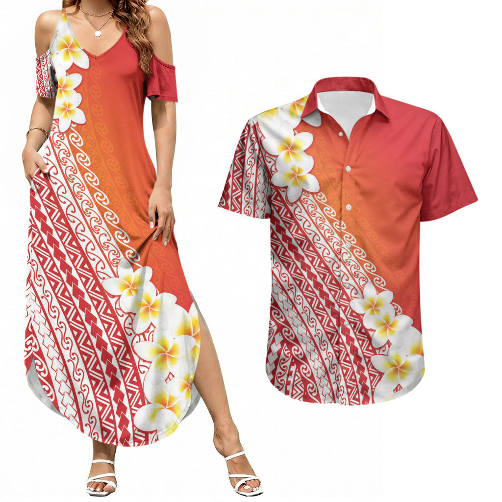 Tahiti Plumeria Tribal Pattern Couples Matching Summer Maxi Dress and Hawaiian Shirt Wave Style Red LT05 Red - Polynesian Pride