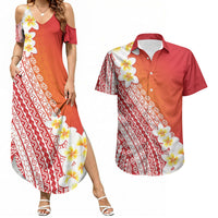 Tahiti Plumeria Tribal Pattern Couples Matching Summer Maxi Dress and Hawaiian Shirt Wave Style Red LT05 Red - Polynesian Pride