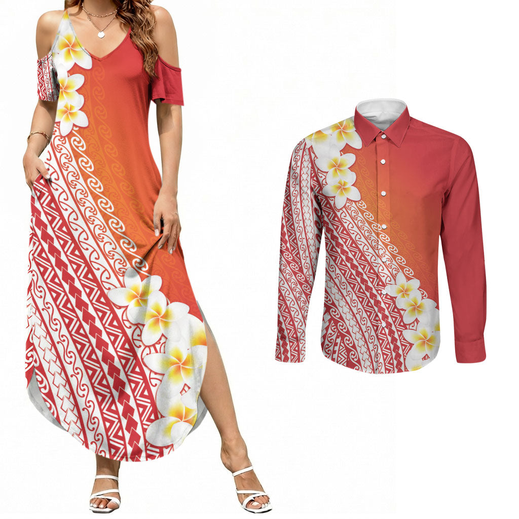 Tahiti Plumeria Tribal Pattern Couples Matching Summer Maxi Dress and Long Sleeve Button Shirt Wave Style Red LT05 Red - Polynesian Pride