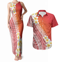 Tahiti Plumeria Tribal Pattern Couples Matching Tank Maxi Dress and Hawaiian Shirt Wave Style Red LT05 Red - Polynesian Pride