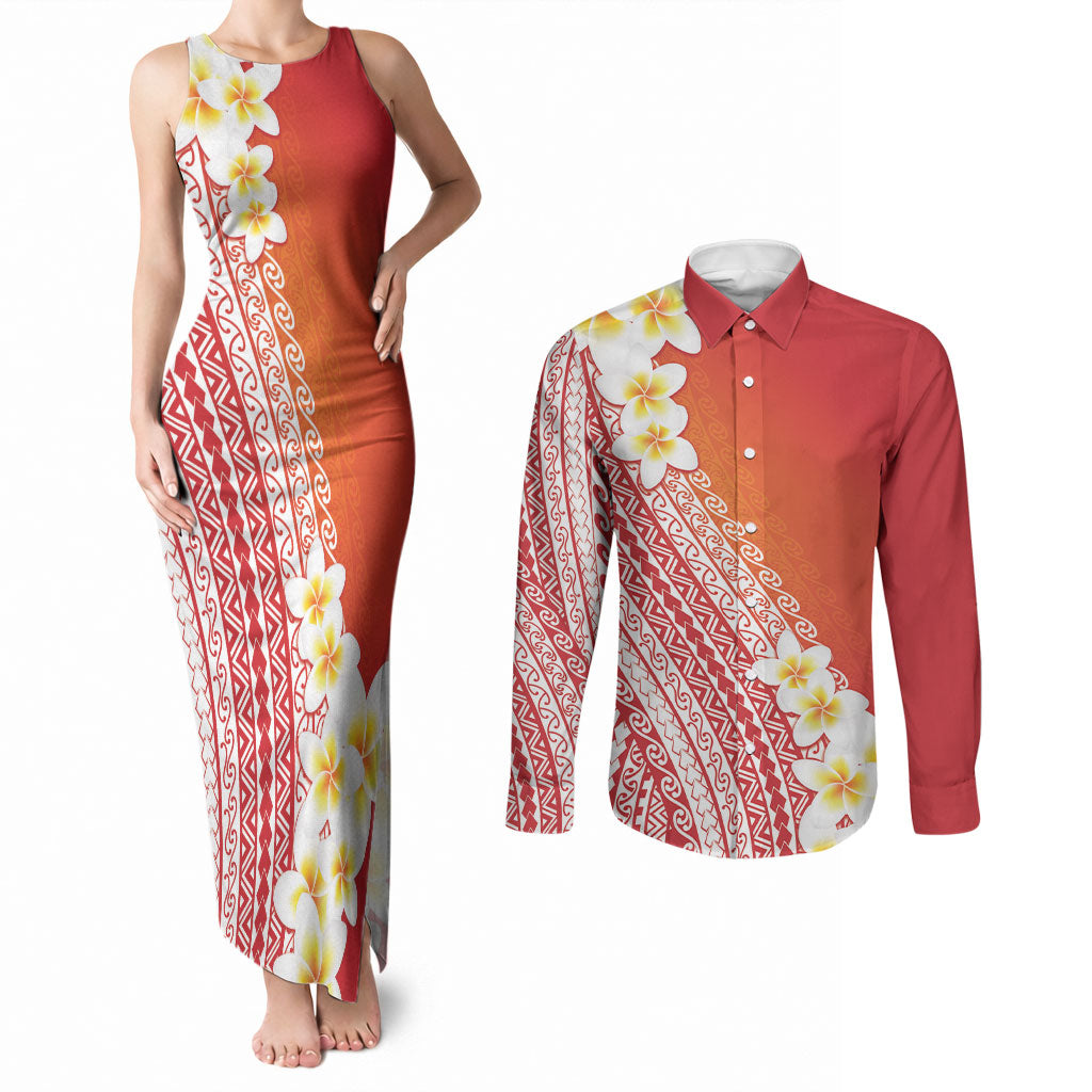 Tahiti Plumeria Tribal Pattern Couples Matching Tank Maxi Dress and Long Sleeve Button Shirt Wave Style Red LT05 Red - Polynesian Pride