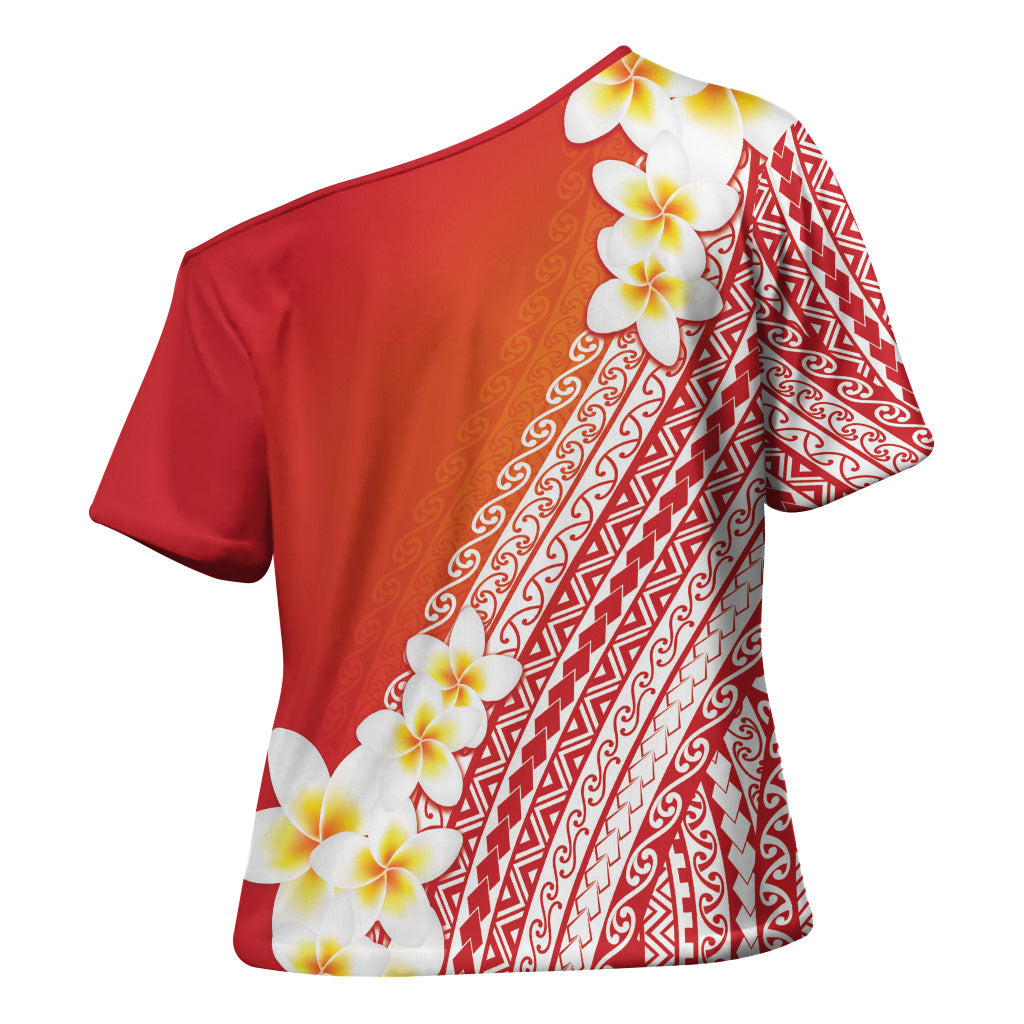 Tahiti Plumeria Tribal Pattern Cross Shoulder Shirt Wave Style Red LT05 - Polynesian Pride