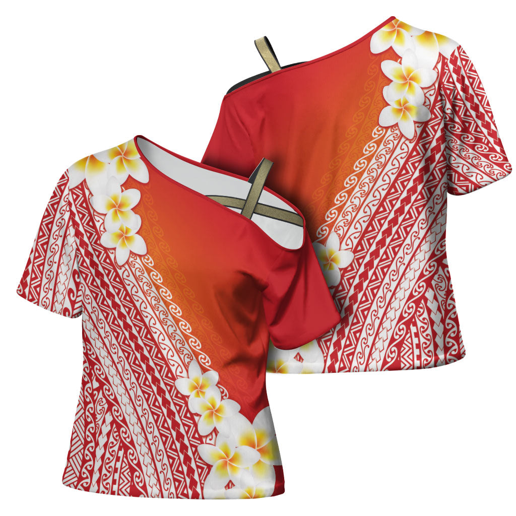 Tahiti Plumeria Tribal Pattern Cross Shoulder Shirt Wave Style Red LT05 - Polynesian Pride