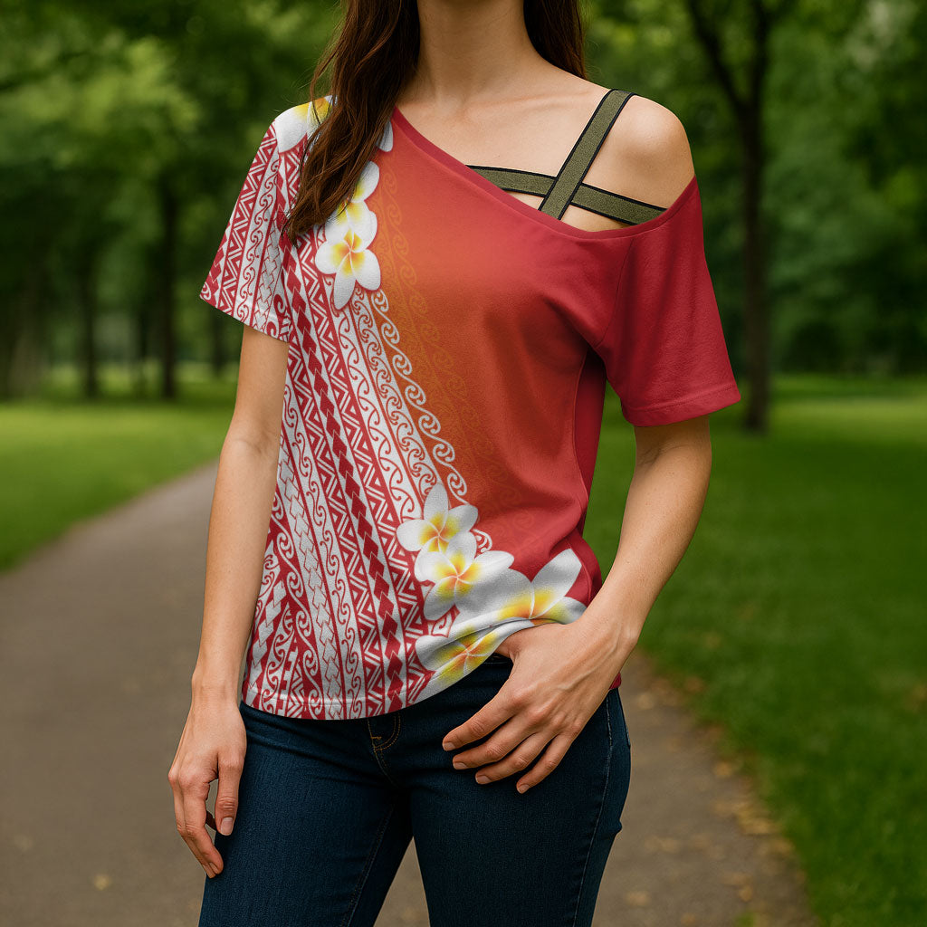 Tahiti Plumeria Tribal Pattern Cross Shoulder Shirt Wave Style Red LT05 - Polynesian Pride