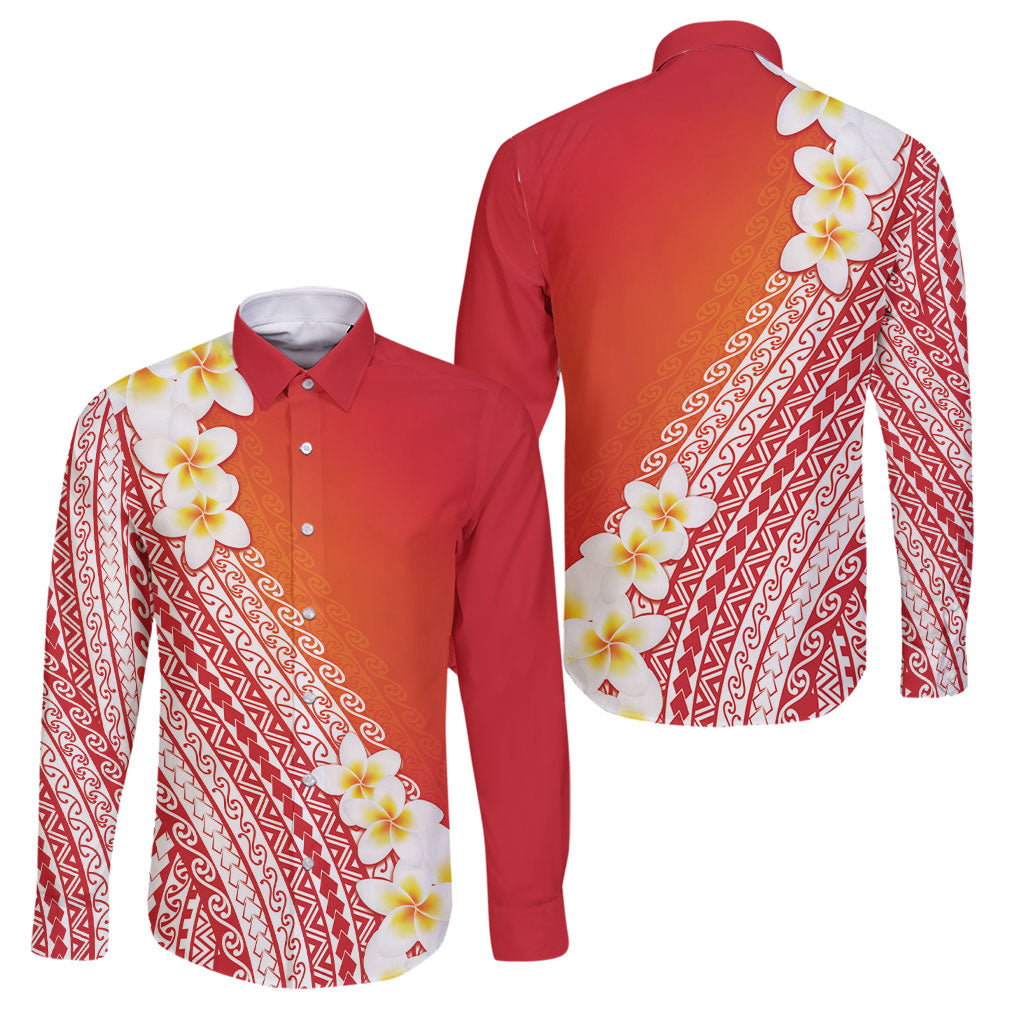 Tahiti Plumeria Tribal Pattern Family Matching Mermaid Dress and Hawaiian Shirt Wave Style Red LT05 Dad's Shirt - Long Sleeve Red - Polynesian Pride