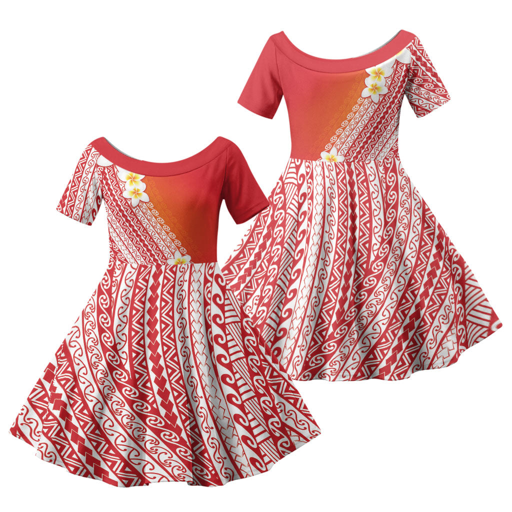Tahiti Plumeria Tribal Pattern Family Matching Mermaid Dress and Hawaiian Shirt Wave Style Red LT05 Daughter's Dress Red - Polynesian Pride