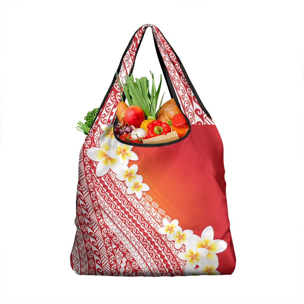 Tahiti Plumeria Tribal Pattern Grocery Bag Wave Style Red LT05 1-pack One Size Red - Polynesian Pride