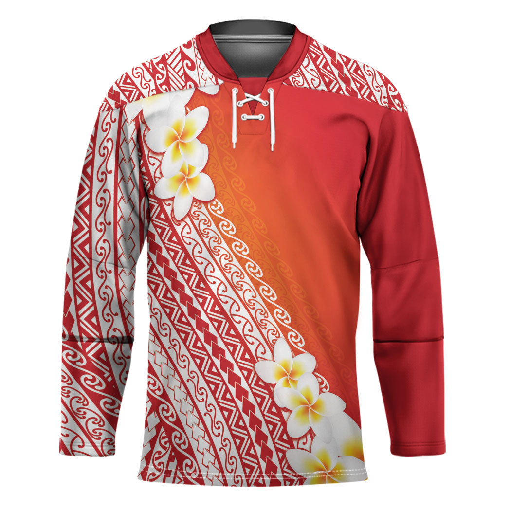 Tahiti Plumeria Tribal Pattern Hockey Jersey Wave Style Red LT05 Unisex Red - Polynesian Pride