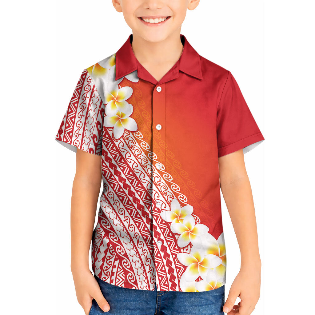 Tahiti Plumeria Tribal Pattern Kid Hawaiian Shirt Wave Style Red LT05 Kid Red - Polynesian Pride