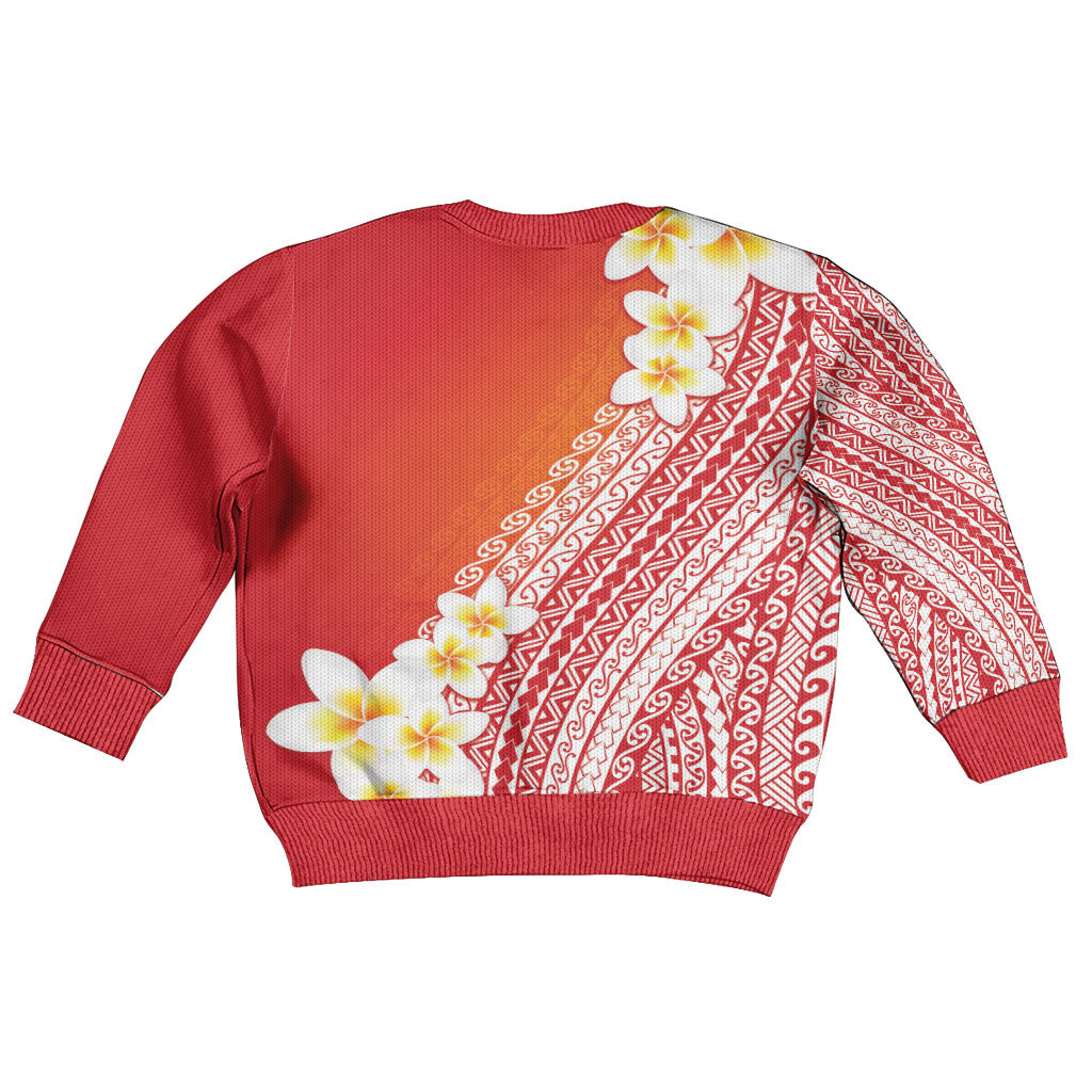 Tahiti Plumeria Tribal Pattern Kid Ugly Christmas Sweater Wave Style Red