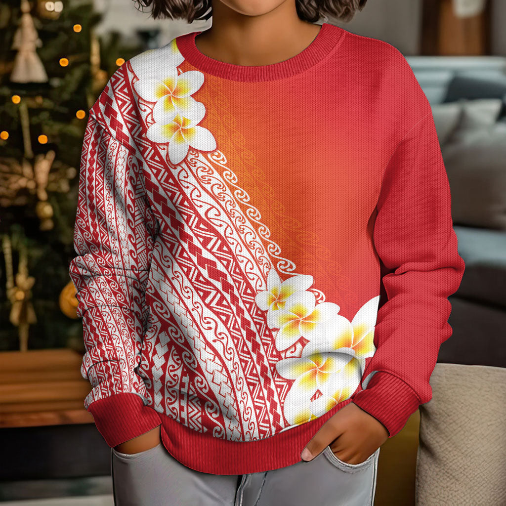 Tahiti Plumeria Tribal Pattern Kid Ugly Christmas Sweater Wave Style Red