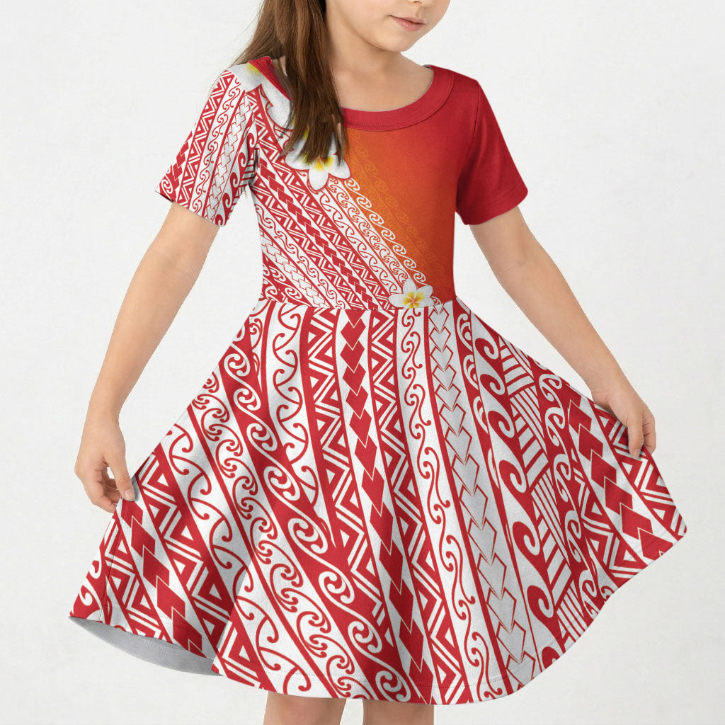 Tahiti Plumeria Tribal Pattern Kid Short Sleeve Dress Wave Style Red LT05 KID Red - Polynesian Pride