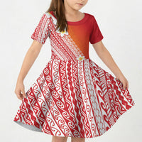 Tahiti Plumeria Tribal Pattern Kid Short Sleeve Dress Wave Style Red LT05 KID Red - Polynesian Pride