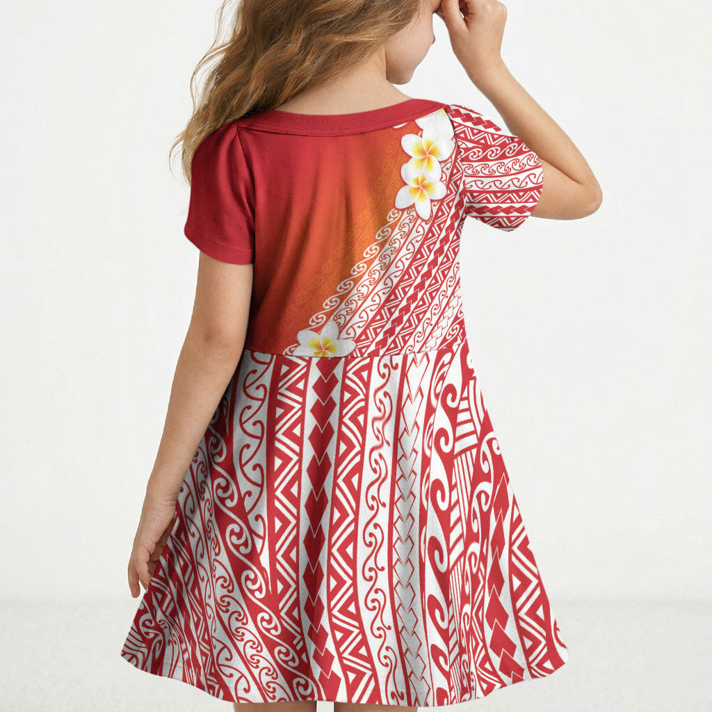 Tahiti Plumeria Tribal Pattern Kid Short Sleeve Dress Wave Style Red LT05 - Polynesian Pride