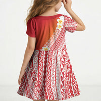 Tahiti Plumeria Tribal Pattern Kid Short Sleeve Dress Wave Style Red LT05 - Polynesian Pride