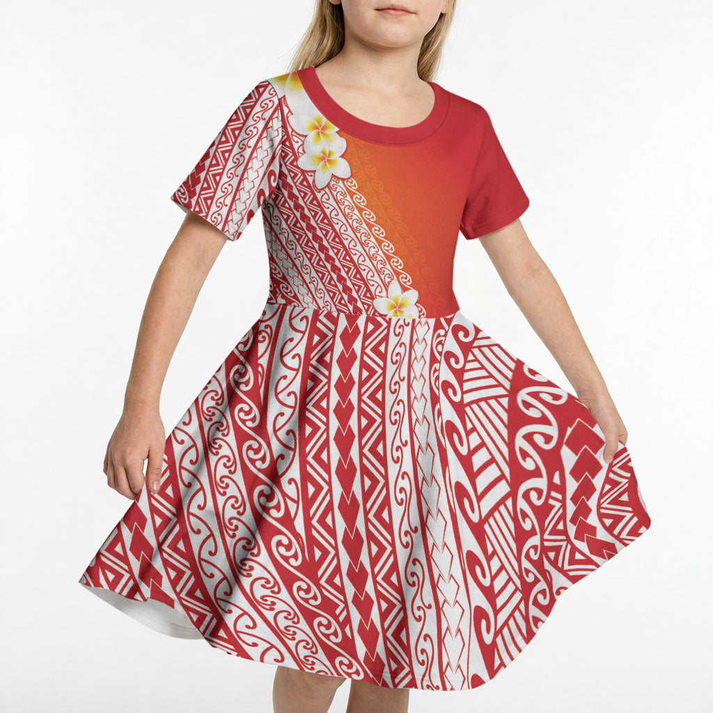 Tahiti Plumeria Tribal Pattern Kid Short Sleeve Dress Wave Style Red LT05 - Polynesian Pride