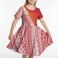 Tahiti Plumeria Tribal Pattern Kid Short Sleeve Dress Wave Style Red LT05 - Polynesian Pride