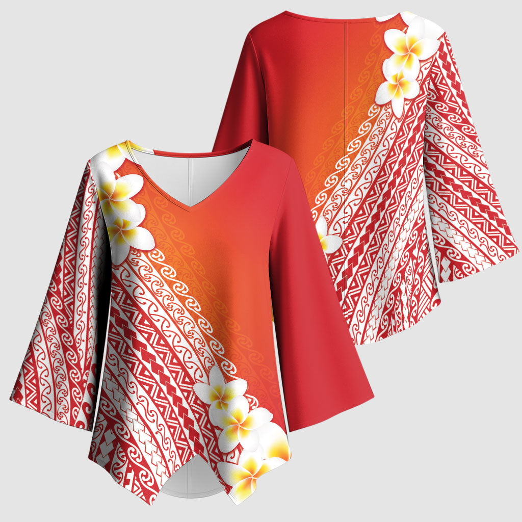 Tahiti Plumeria Tribal Pattern Kimono Sleeve Blouse Wave Style Red LT05 - Polynesian Pride