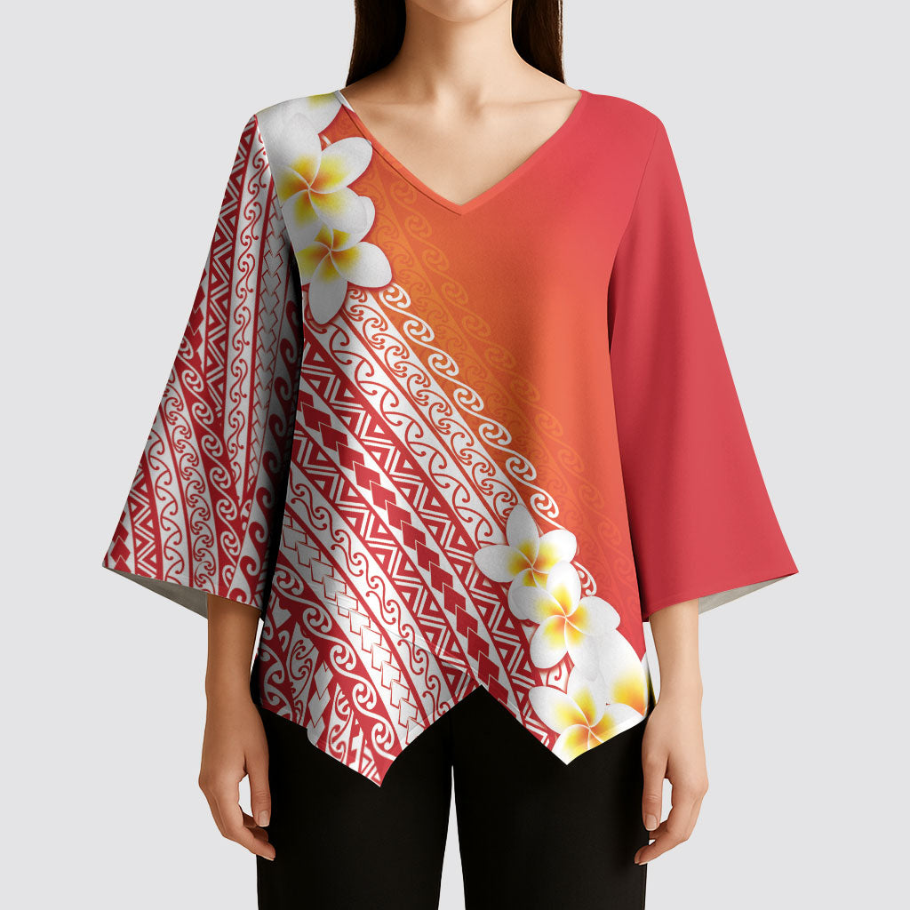 Tahiti Plumeria Tribal Pattern Kimono Sleeve Blouse Wave Style Red LT05 - Polynesian Pride