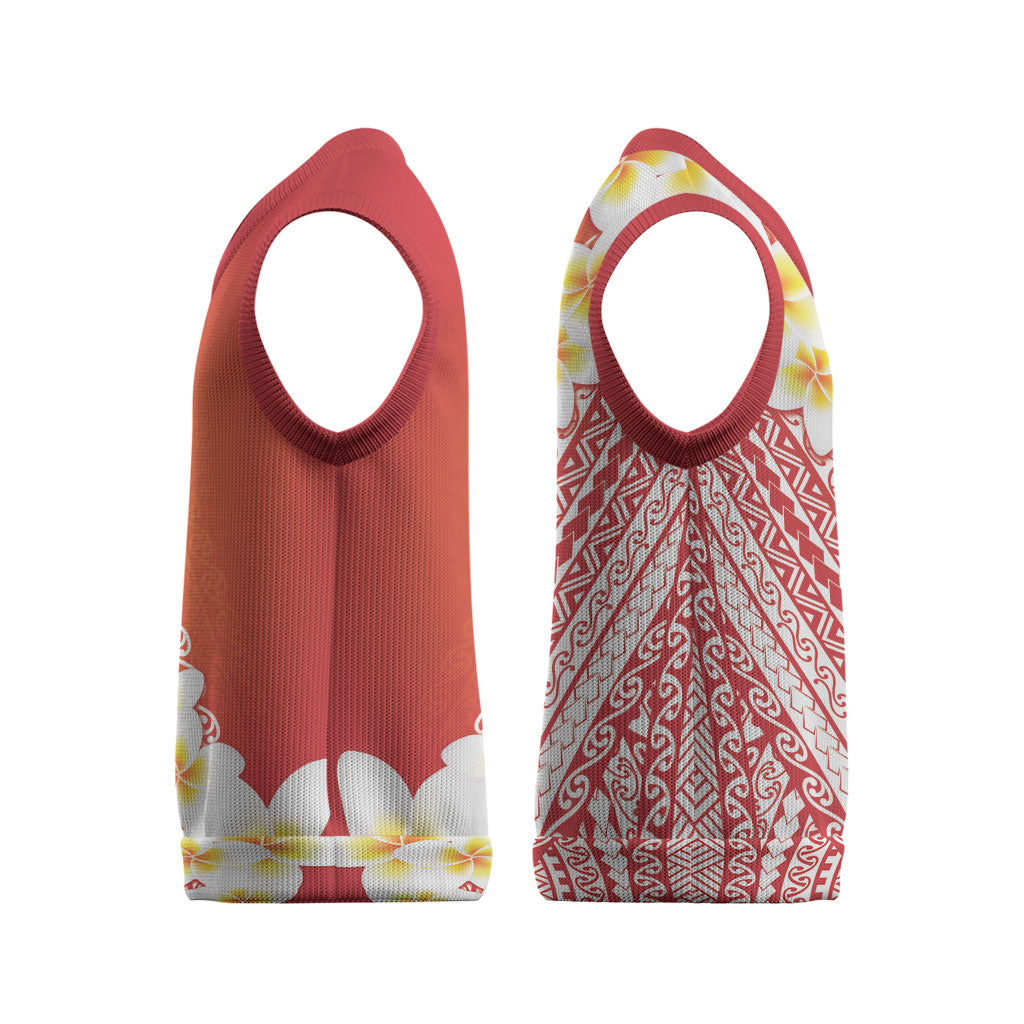 Tahiti Plumeria Tribal Pattern Christmas Knitted V-Neck Vest Wave Style Red LT05 - Polynesian Pride