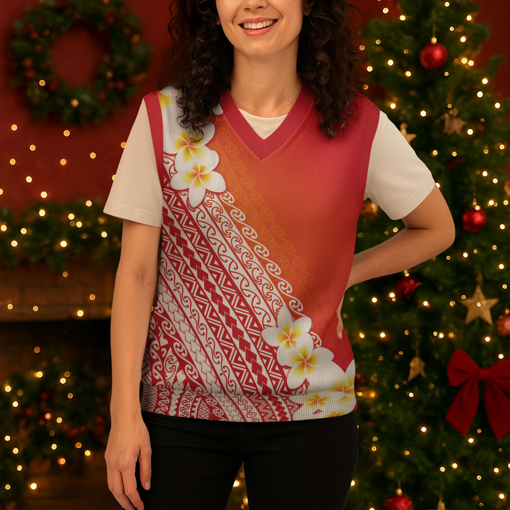 Tahiti Plumeria Tribal Pattern Christmas Knitted V-Neck Vest Wave Style Red LT05 - Polynesian Pride