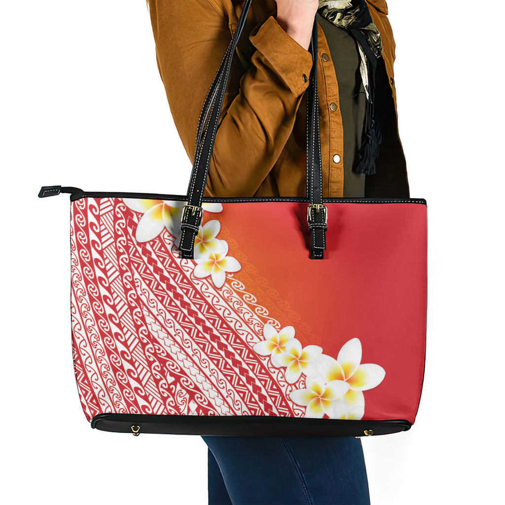 Tahiti Plumeria Tribal Pattern Leather Tote Bag Wave Style Red LT05 - Polynesian Pride