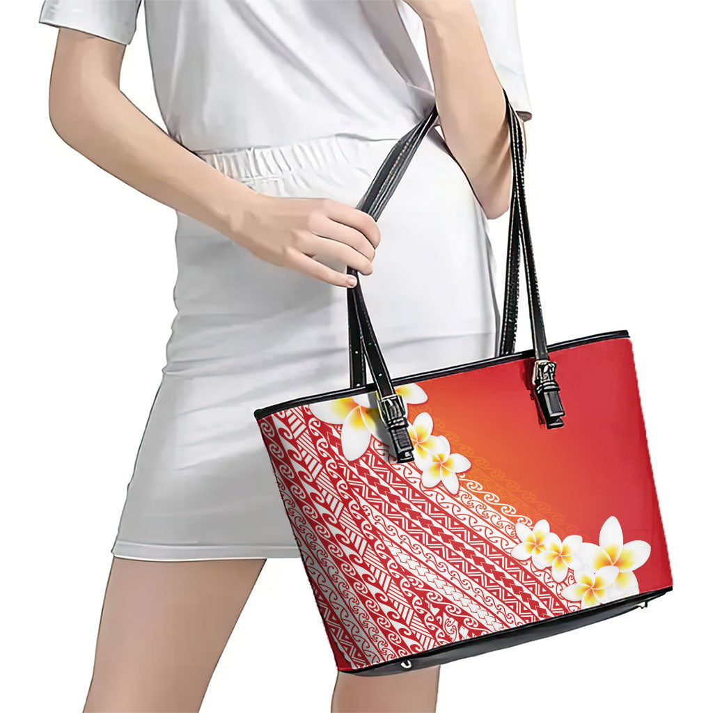 Tahiti Plumeria Tribal Pattern Leather Tote Bag Wave Style Red LT05 - Polynesian Pride