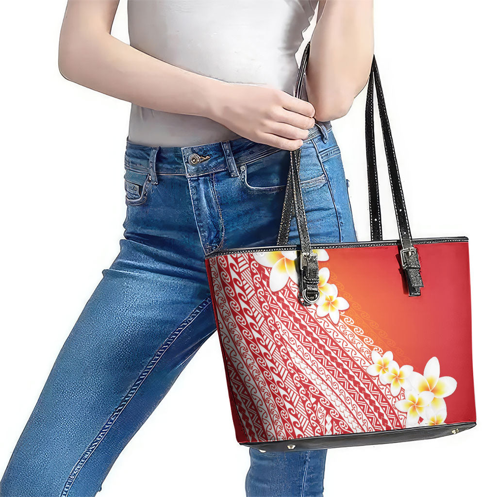 Tahiti Plumeria Tribal Pattern Leather Tote Bag Wave Style Red LT05 - Polynesian Pride