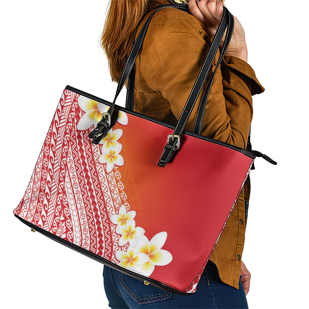 Tahiti Plumeria Tribal Pattern Leather Tote Bag Wave Style Red LT05 - Polynesian Pride